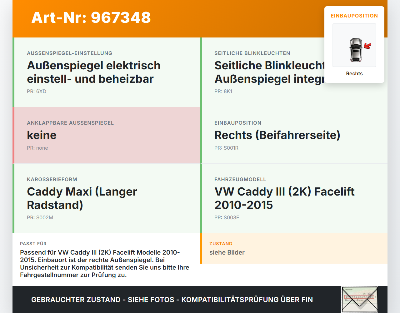 VW Caddy III 2K 10-15 Blinker Blinkleuchte Rechts orig. VW Caddy III 2K 10-15 19.03.2014 2K0949117B gebraucht Vorschau 3
