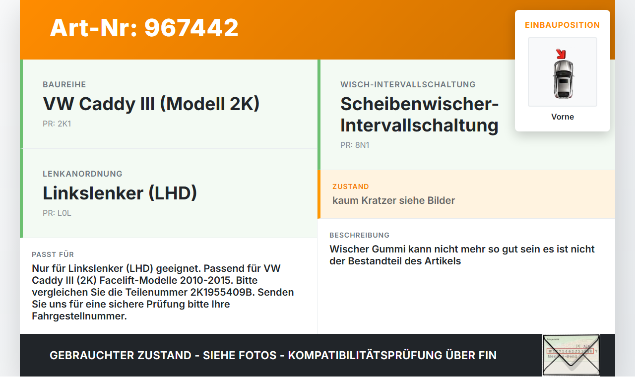 VW Caddy III 2K 10-15 2x Scheibenwischer Wischarm Vorne VW Caddy III 2K 10-15 19.03.2014 2K1955409B gebraucht Vorschau 3