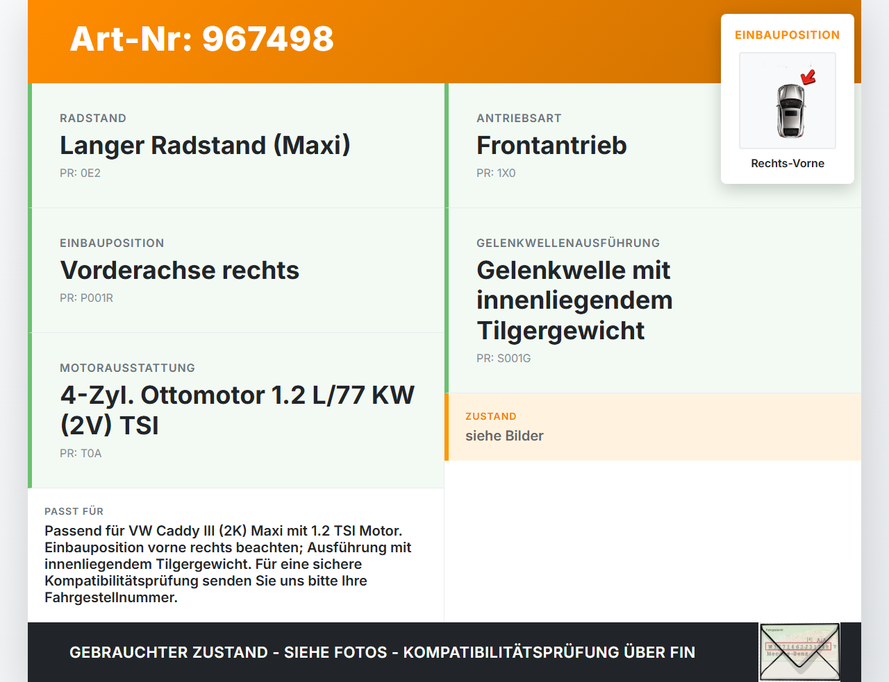 VW Caddy III 2K 10-15 TSI 1,2 77KW Antriebswelle Gelenkwelle Rechts Vorne VW Caddy III 2K 10-15 19.03.2014... Vorschau 3