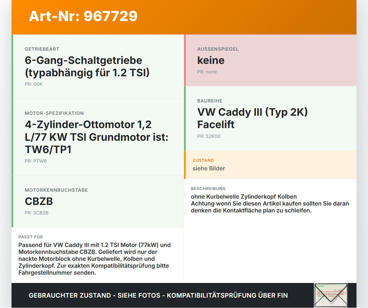 VW Caddy III 2K 10-15 TSI 1,2 77KW CBZB Motorblock für Motor VW Caddy III 2K 10-15 19.03.2014 03F103101B gebraucht Vorschau 3