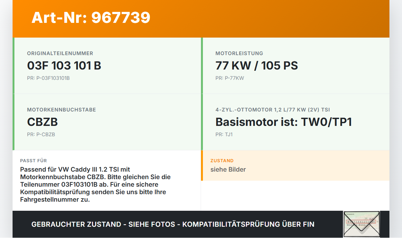 VW Caddy III 2K 10-15 TSI 1,2 77KW CBZB Kurbelwelle VW Caddy III 2K 10-15 19.03.2014 03F103101B gebraucht Vorschau 3