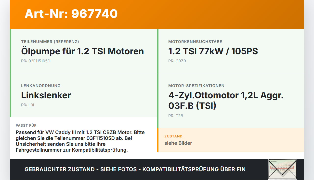 VW Caddy III 2K 10-15 TSI 1,2 77KW CBZB Ölpumpe VW Caddy III 2K 10-15 19.03.2014 3F1151218 03F115105D gebraucht Vorschau 3