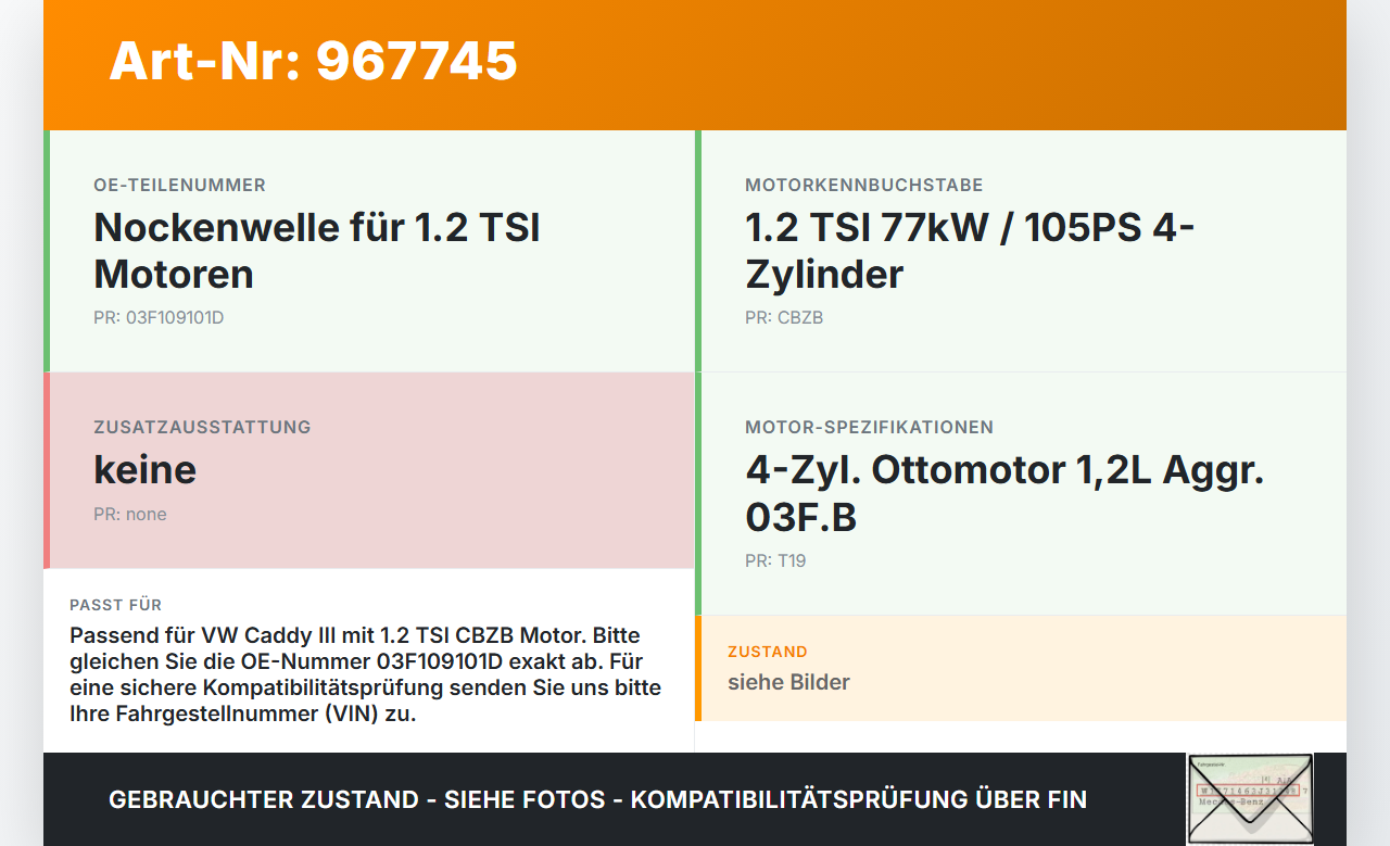 VW Caddy III 2K 10-15 TSI 1,2 77KW CBZB Nockenwelle VW Caddy III 2K 10-15 19.03.2014 03F109101D gebraucht Vorschau 3