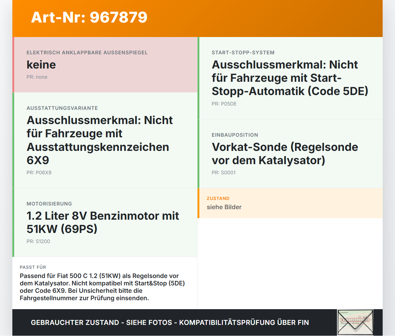 Fiat 500 C 312 1,2 51KW Lambdasonde Vor kat Fiat 500 C 312 24.01.2013 51774422 gebraucht Vorschau 3