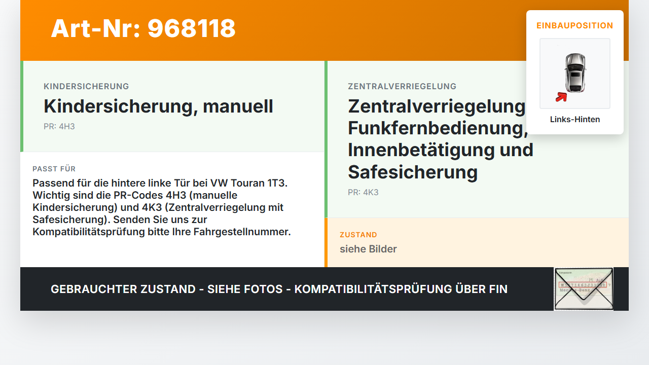 VW Touran 1T3 10-15 Türschloss Links Hinten VW Touran 1T3 10-15 19.12.2012 7L0839015D 7L0839015H gebraucht Vorschau 3