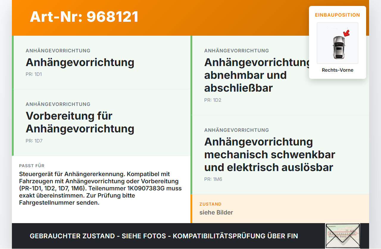 VW Touran 1T3 10-15 Steuergerät ECU Modul Rechts Vorne VW Touran 1T3 10-15 19.12.2012 1K0907383G gebraucht Vorschau 3