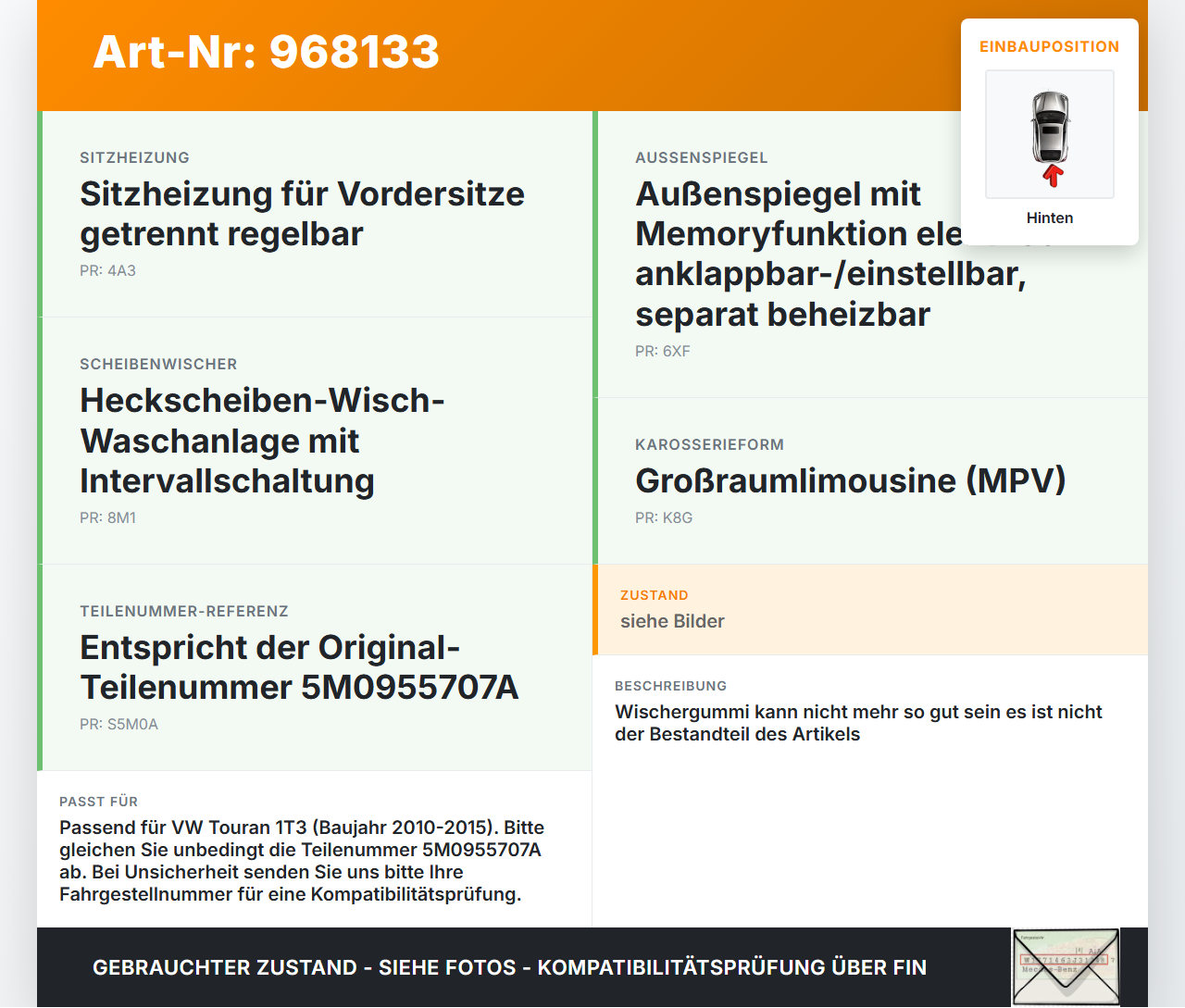 VW Touran 1T3 10-15 Heckwischer Scheibenwischer Hinten Wischarm VW Touran 1T3 10-15 19.12.2012 5M0955707A gebraucht Vorschau 3