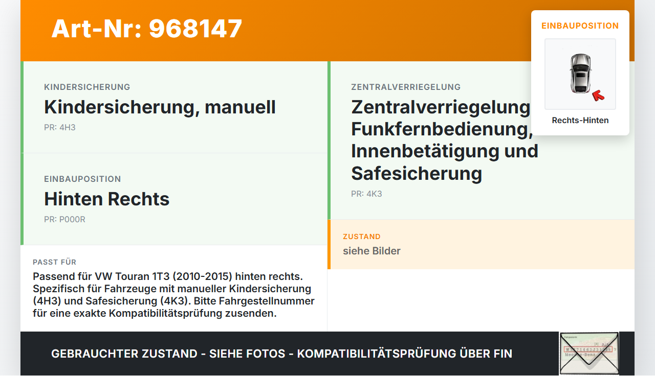 VW Touran 1T3 10-15 Türschloss m. ZV Stellmotor Rechts Hinten VW Touran 1T3 10-15 19.12.2012 7L0839016D 7L0839016H... Vorschau 3