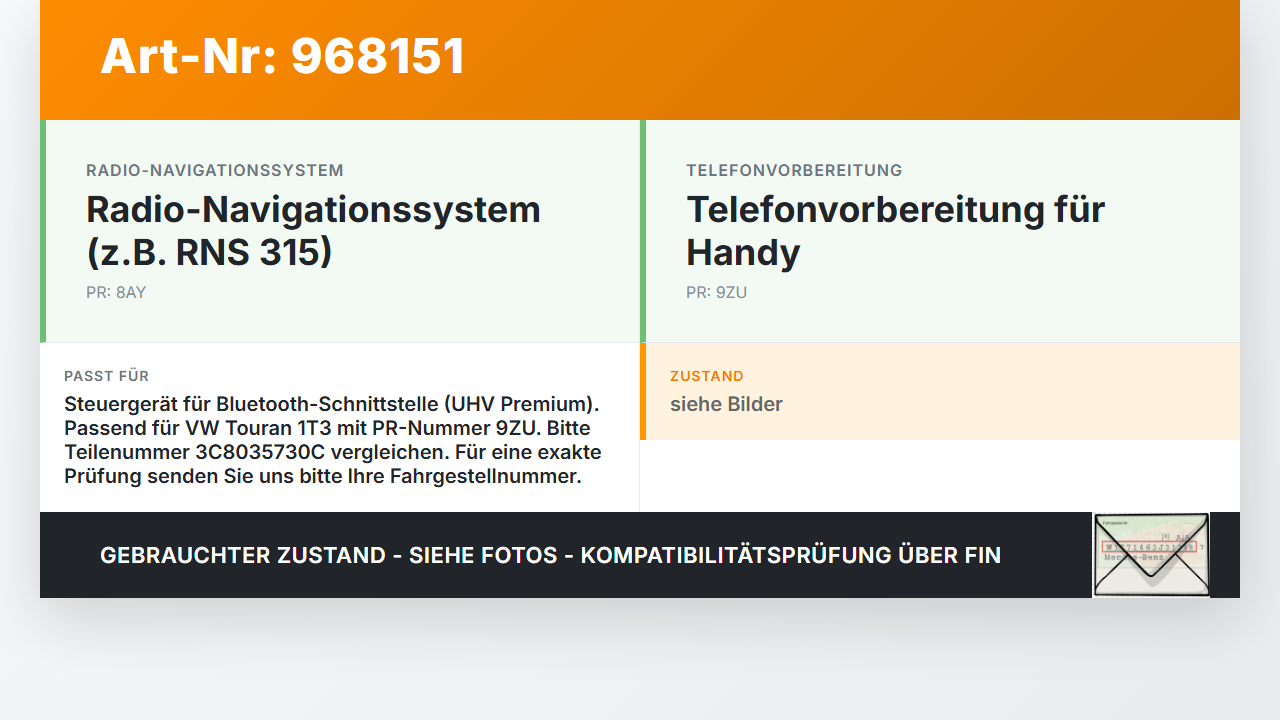 VW Touran 1T3 10-15 Steuergerät ECU Modul SG Bluetooth Interface VW Touran 1T3 10-15 19.12.2012 3C8035730C gebraucht Vorschau 3