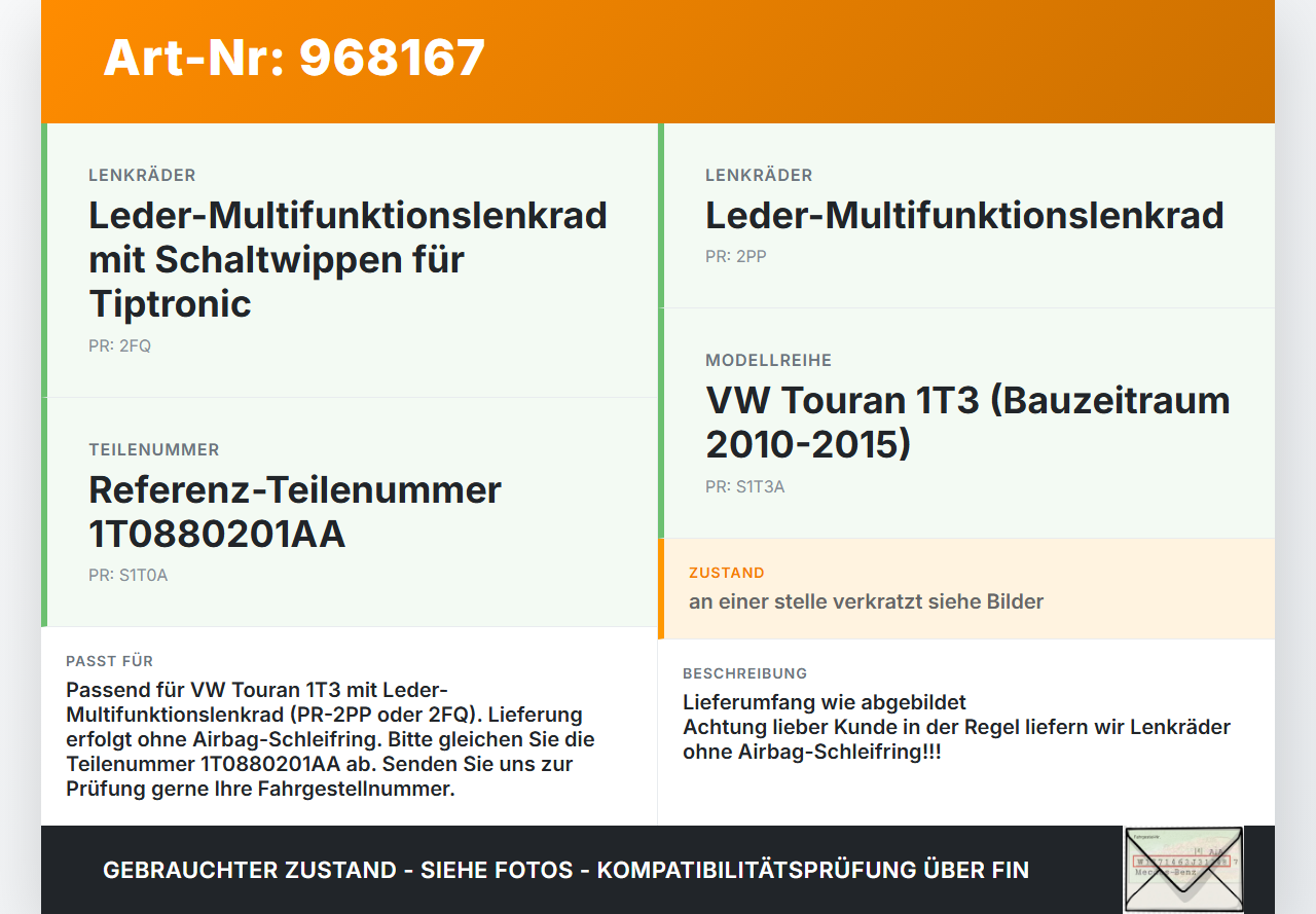 VW Touran 1T3 10-15 Lenkrad Airbaglenkrad VW Touran 1T3 10-15 19.12.2012 1T0880201AA gebraucht Vorschau 3