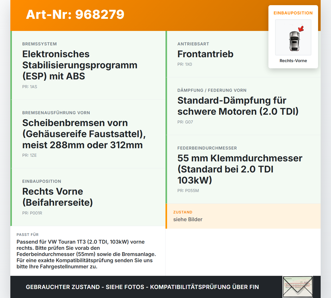 VW Touran 1T3 10-15 TDI 2,0 103KW Achsschenkel Radnabe mit ABS Rechts Vorne VW Touran 1T3 10-15 19.12.2012... Vorschau 3