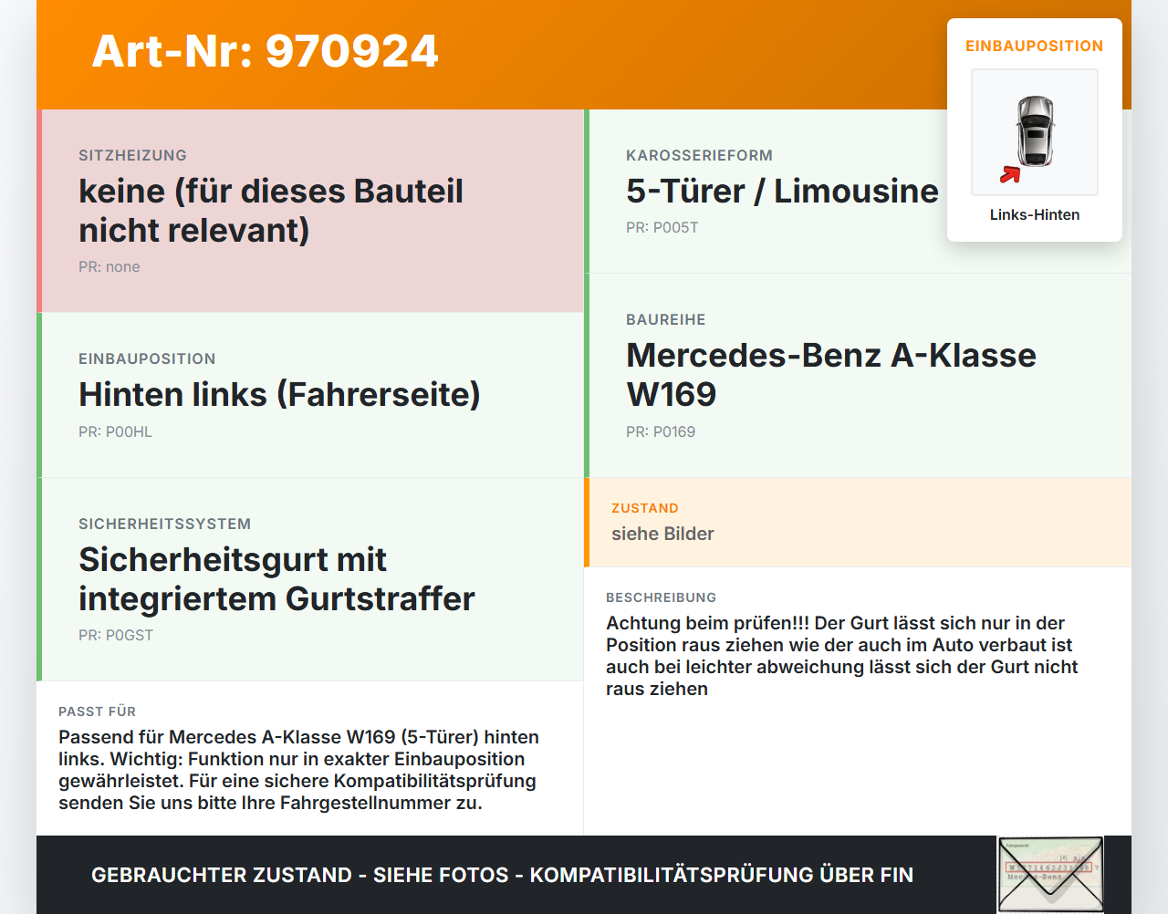 Mercedes A170 W169 04-08 5T Gurt Sicherheitsgurt Gurtstraffeer Links Hinten Mercedes A170 W169 04-08 24.10.2007... Vorschau 3