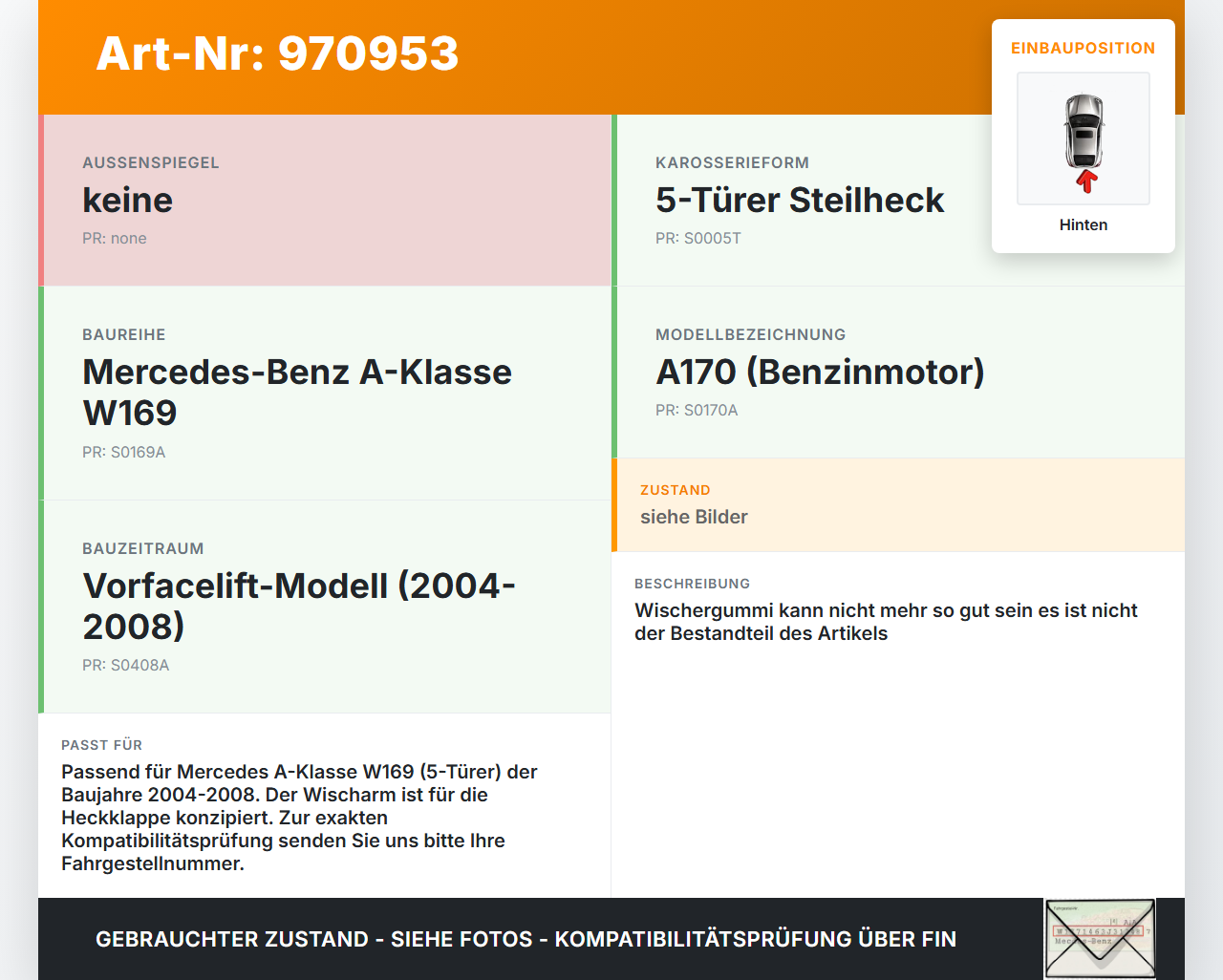 Mercedes A170 W169 04-08 5T Heckwischer Scheibenwischer Hinten Wischarm Mercedes A170 W169 04-08 24.10.2007... Vorschau 3