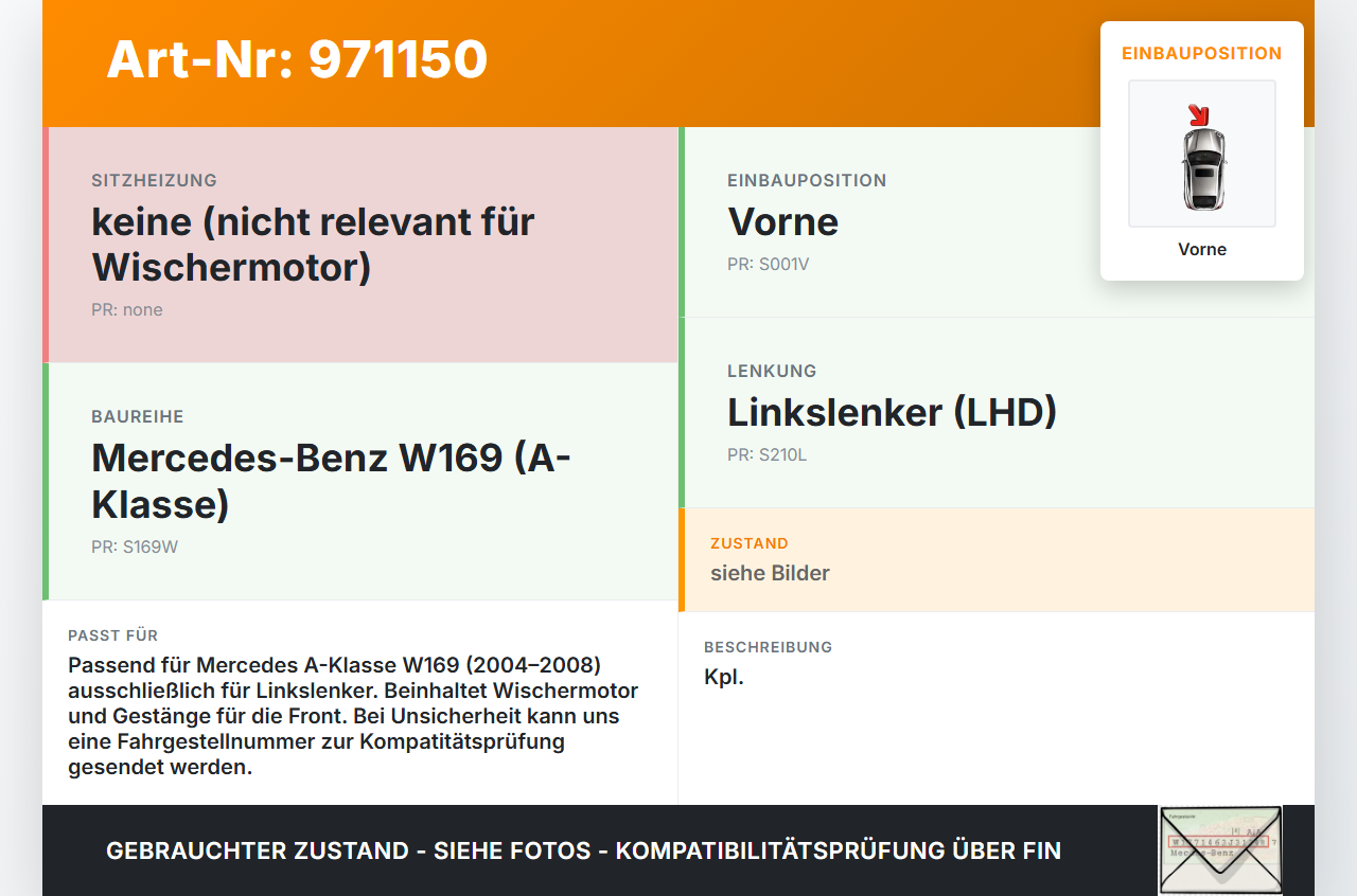 Mercedes A170 W169 04-08 Wischermotor m. Wischergestänge Vorne Mercedes A170 W169 04-08 24.10.2007 A1698201140... Vorschau 3