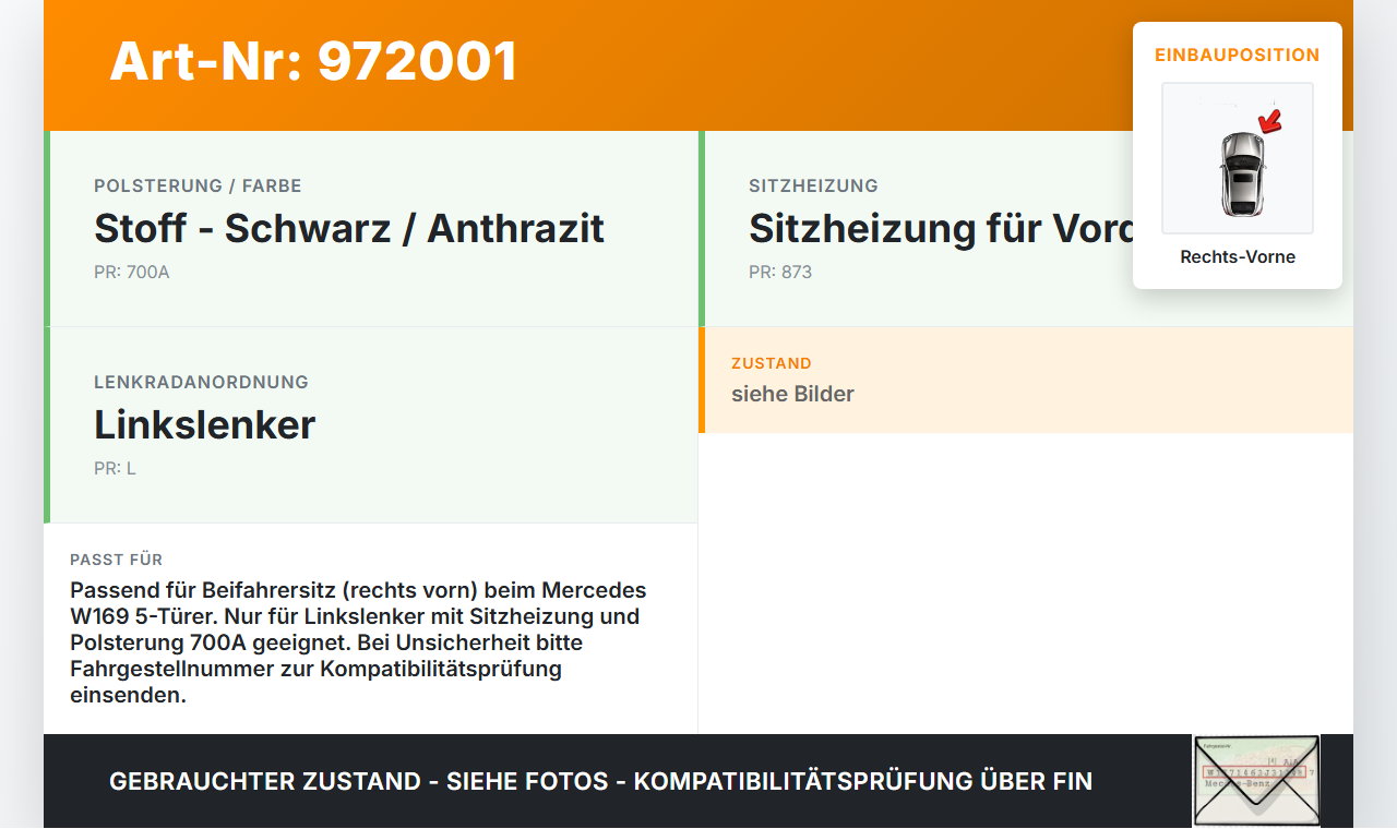 Mercedes A170 W169 04-08 5T Sitzbezug Rückenpolster Rechts Vorne für Beifahrer Sitz Mercedes A170 W169 04-08... Vorschau 3