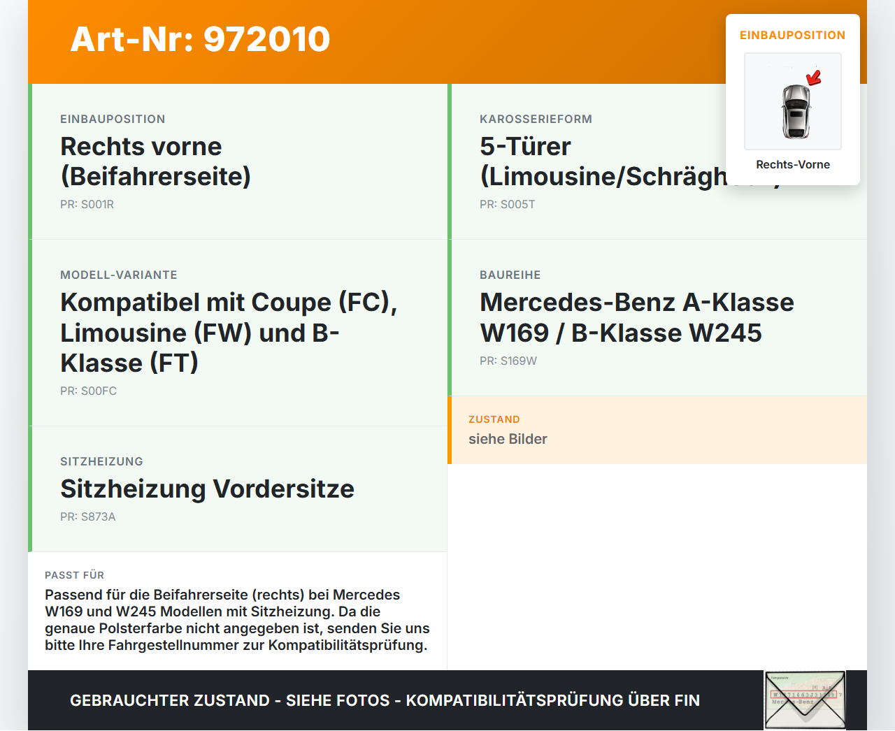 Mercedes A170 W169 04-08 5T Blende Rückenblende Rücklehne Sitz Rechts Vorne Mercedes A170 W169 04-08 24.10.2007... Vorschau 3
