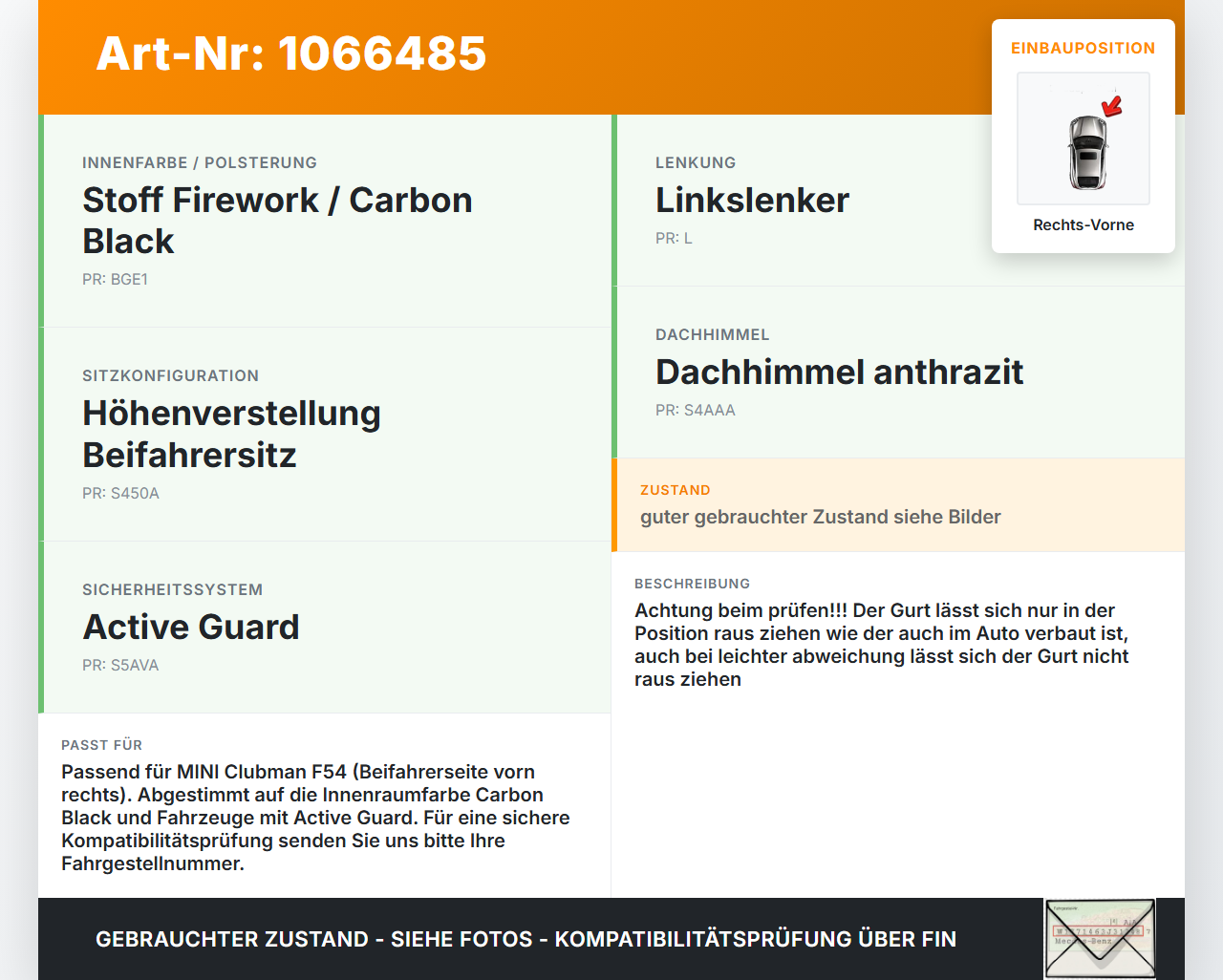 MINI F54  Clubman 15-19 Break Sicherheitsgurt Gurt Gurtstraffer Rechts Vorne MINI F54  Clubman 15-19 19.05.2017... Vorschau 3