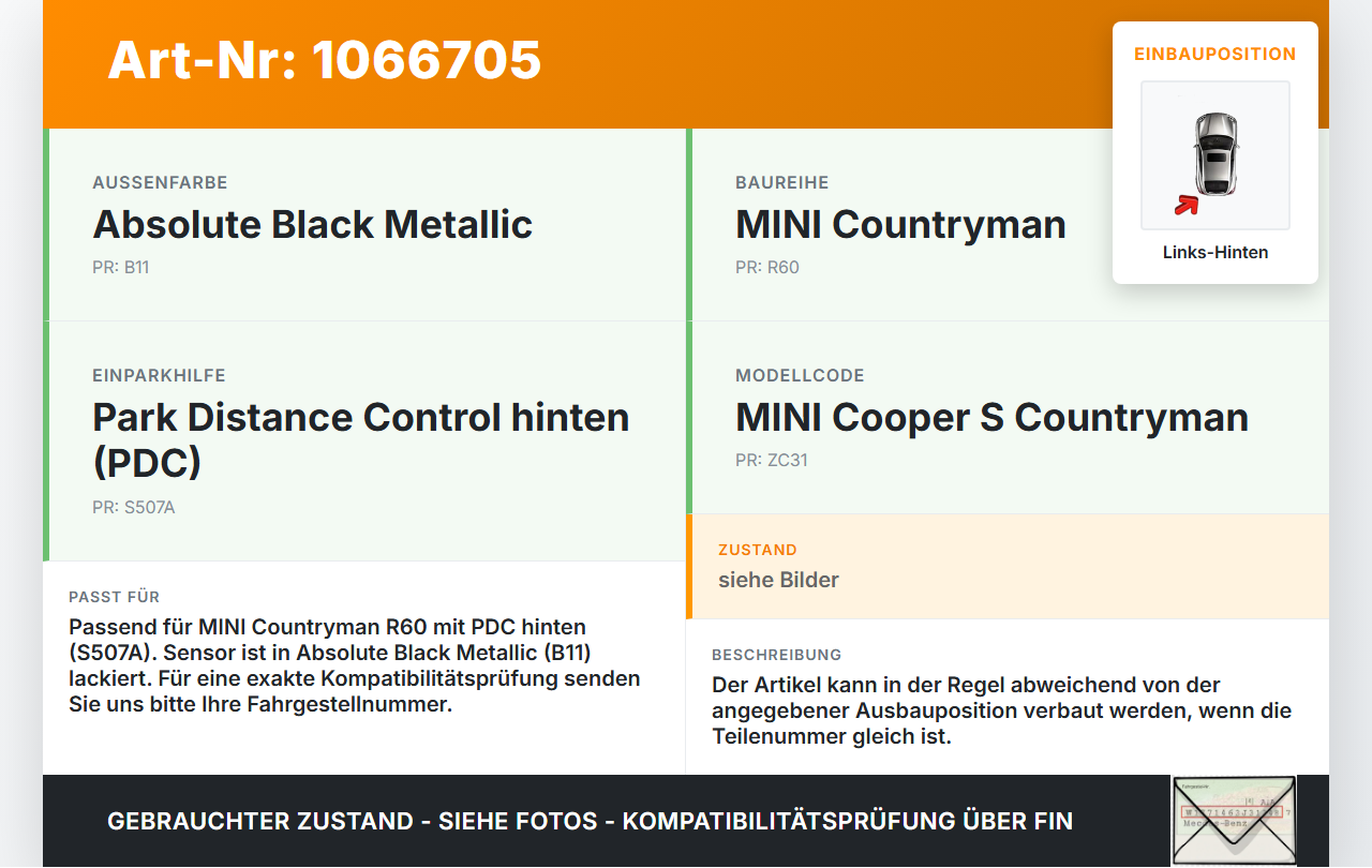 MINI Countryman R60 10-14 Abstands Sensor Parksensor PDC Hinten Links Innen B11 MINI Countryman R60 10-14... Vorschau 3