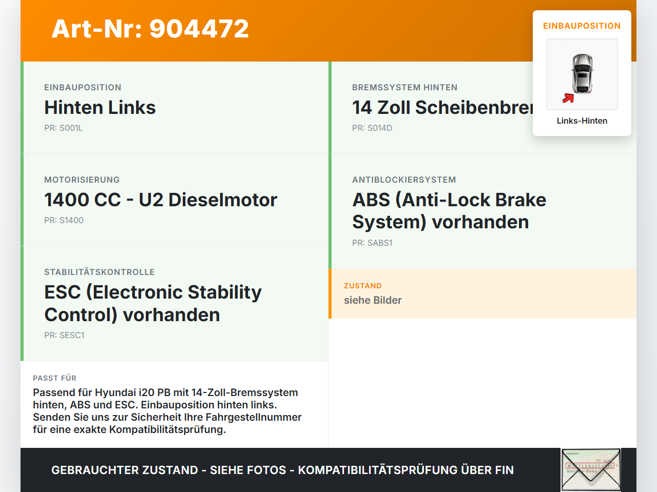 Hyundai I20 PB 08-12 CRDi 1,4 66KW Bremssattel Bremszange Hinten Links Hyundai I20 PB 08-12 26.03.2010 58300-1J300... Vorschau 3