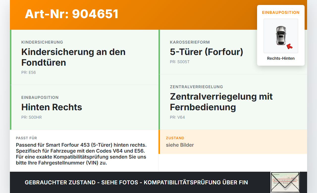 Smart Forfour 453 14-19 5T Türschloss m. ZV Stellmotor Rechts Hinten Smart Forfour 453 14-19 01.01.2019 A4537307500... Vorschau 3
