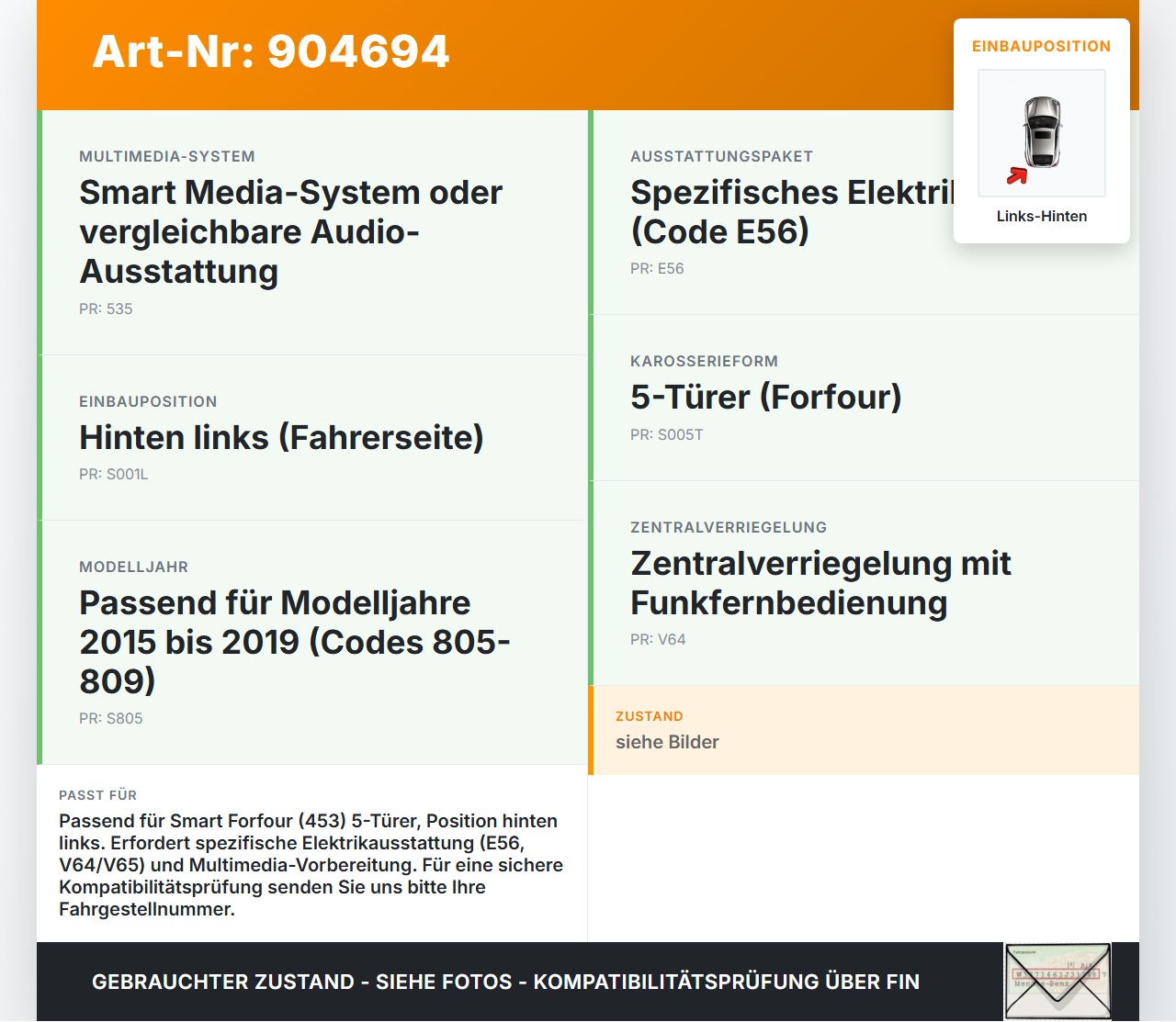 Smart Forfour 453 14-19 5T Kabelbaum für Tür und Fensterheber Links Hinten Smart Forfour 453 14-19 01.01.2019... Vorschau 3