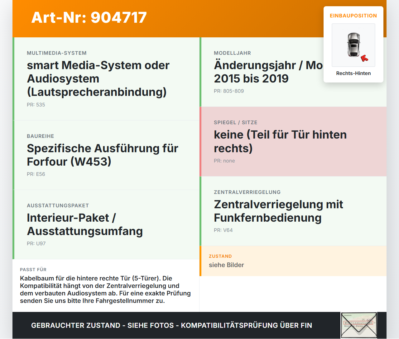 Smart Forfour 453 14-19 5T Kabelbaum Leitungssatz für Tür und Fensterheber Hinten Rechts Smart Forfour 453 14-19... Vorschau 3
