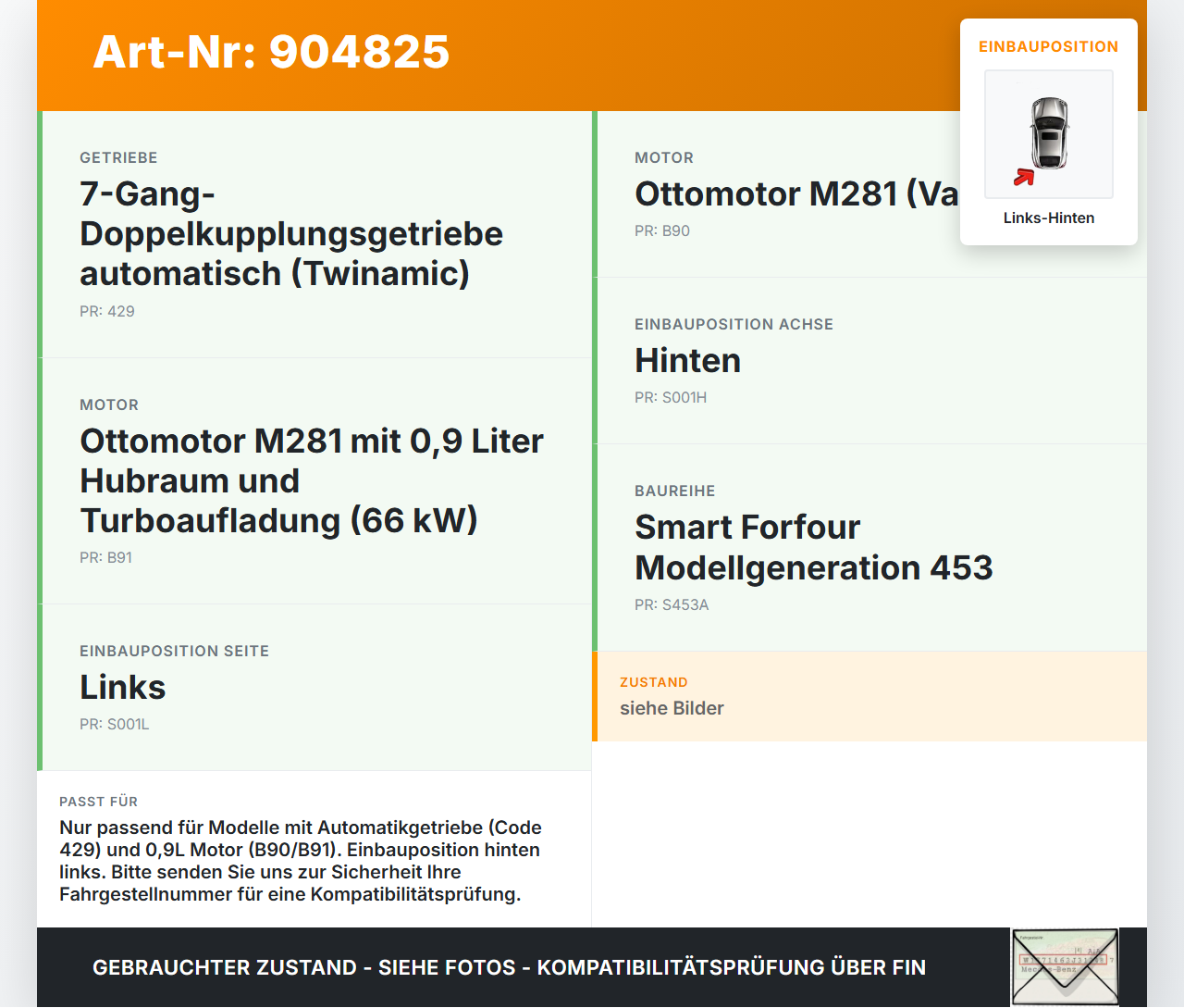 Smart Forfour 453 14-19 0.9 66kwKW Autom Antriebswelle Gelenkwelle Links Hinten Smart Forfour 453 14-19 01.01.2019... Vorschau 3