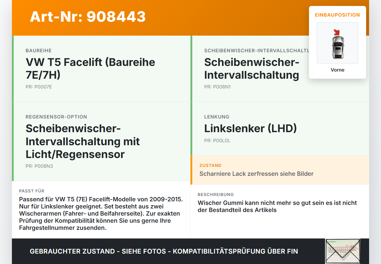 VW T5 7E 09-15 2x Scheibenwischer Wischarm Vorne VW T5 7E 09-15 18.04.2012 7E1955409A gebraucht Vorschau 3