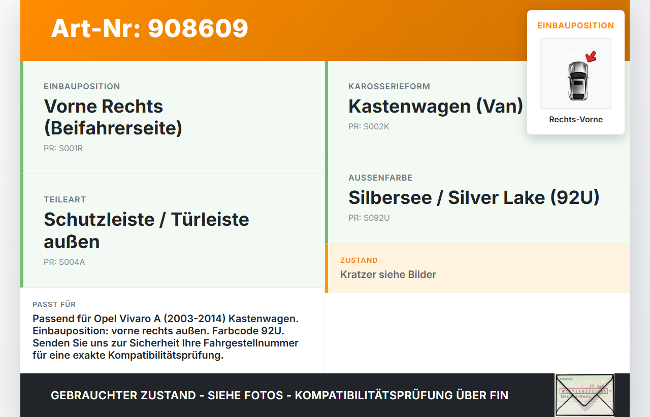 Opel Vivaro A 03-14 Kasten Türleiste Rechts Vorne Aussen 92U Opel Vivaro A 03-14 04.02.2004 8200036086 91165345... Vorschau 3