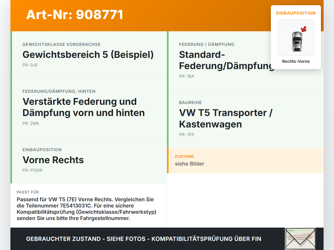 VW T5 7E 09-15 Kasten Federbein Stossdämpfer Vorne Rechts VW T5 7E 09-15 18.04.2012 7E5413031C gebraucht Vorschau 3