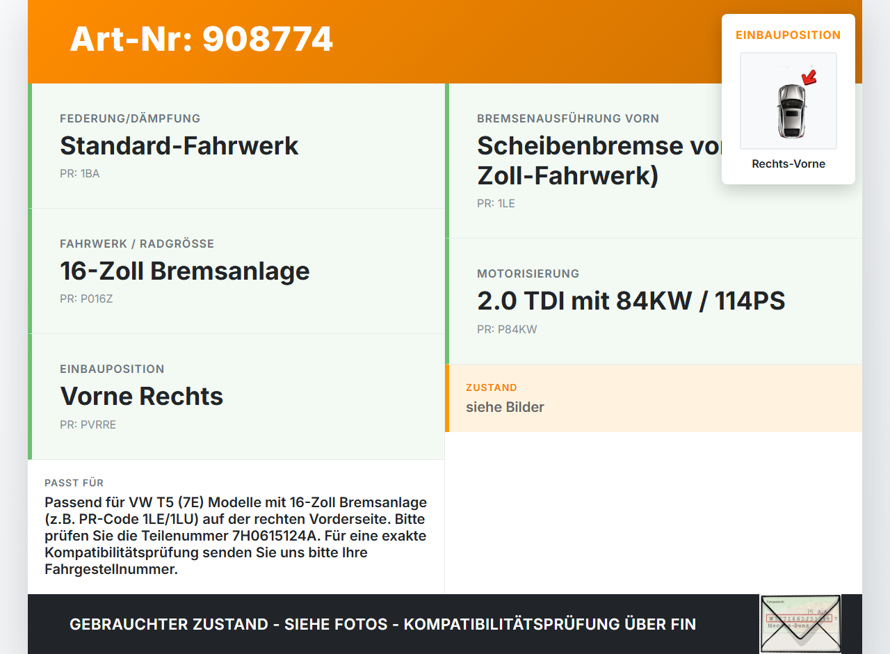 VW T5 7E 09-15 TDI 2,0 84KW Bremssattel Bremszange Vorne Rechts VW T5 7E 09-15 18.04.2012 7H0615124A gebraucht Vorschau 3
