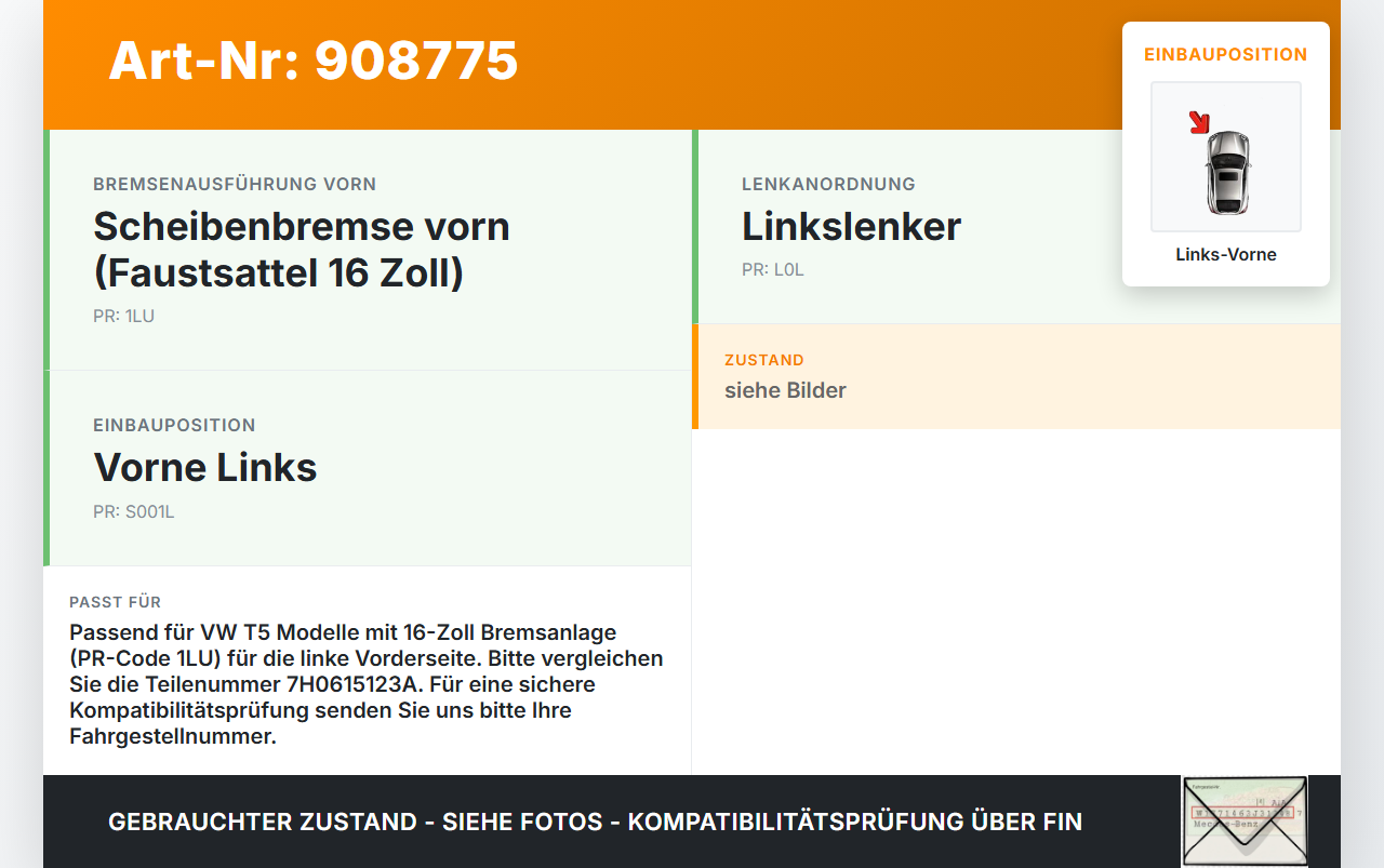 VW T5 7E 09-15 TDI 2,0 84KW Bremssattel Bremszange Vorne Links VW T5 7E 09-15 18.04.2012 7H0615123A gebraucht Vorschau 3