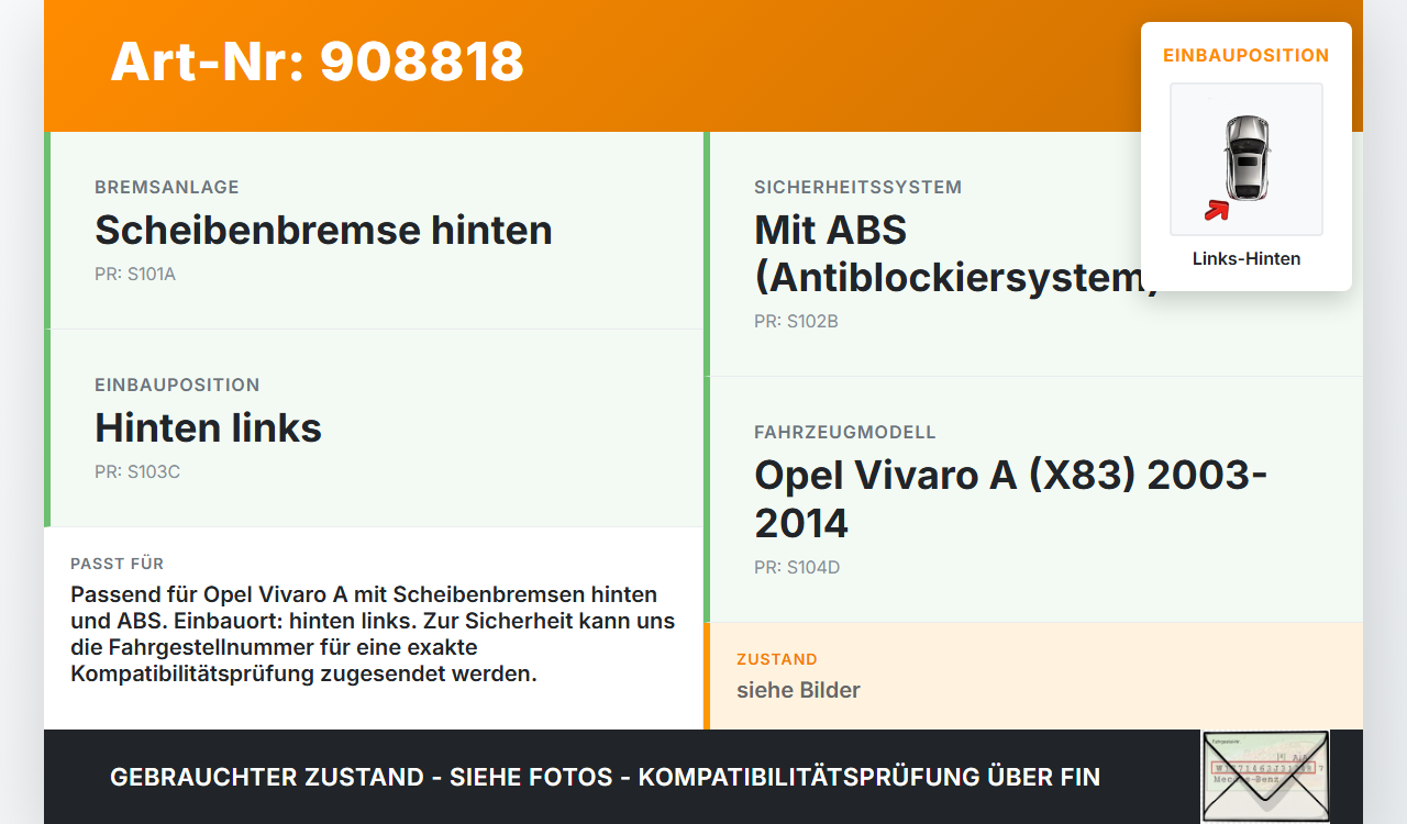 Opel Vivaro A 03-14 1,9Di 60KW Bremssattel Bremszange Hinten Links Opel Vivaro A 03-14 04.02.2004 93174805 4414623... Vorschau 3