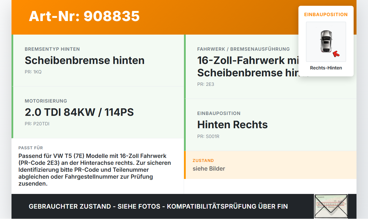 VW T5 7E 09-15 TDI 2,0 84KW Bremssattel Bremszange Hinten Rechts VW T5 7E 09-15 18.04.2012 7H0615424A gebraucht Vorschau 3