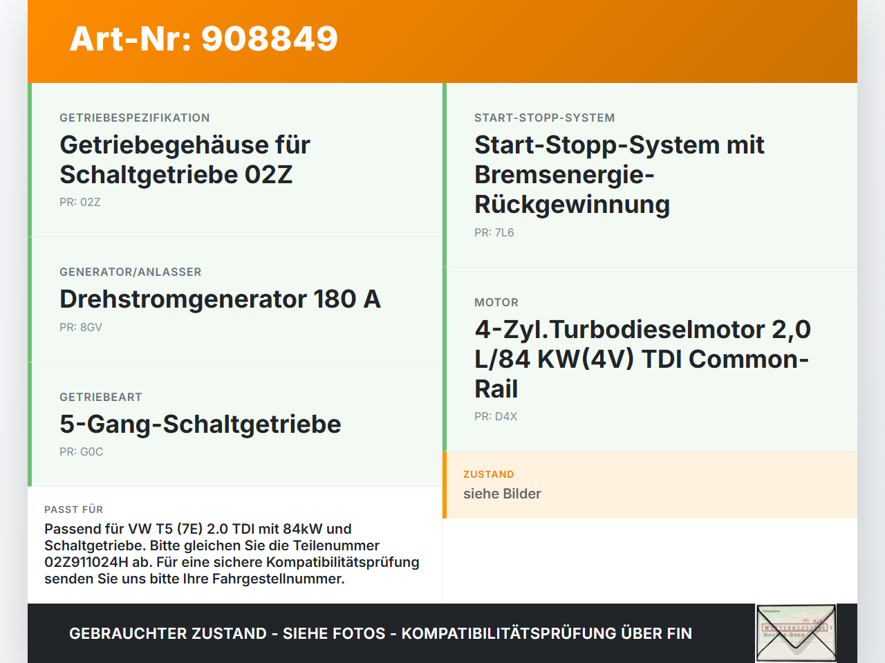 VW T5 7E 09-15 TDI 2,0 84KW Anlasser Starter 8kW VW T5 7E 09-15 18.04.2012 02Z911024H AU14010448 8080137 gebraucht Vorschau 3