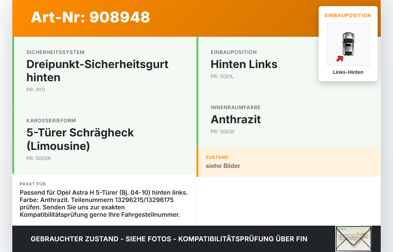 Opel Astra H 04-10 5T Gurt Sicherheitsgurt Links Hinten Opel Astra H 04-10 30.12.2009 13296215 13296175 616622200... Vorschau 3