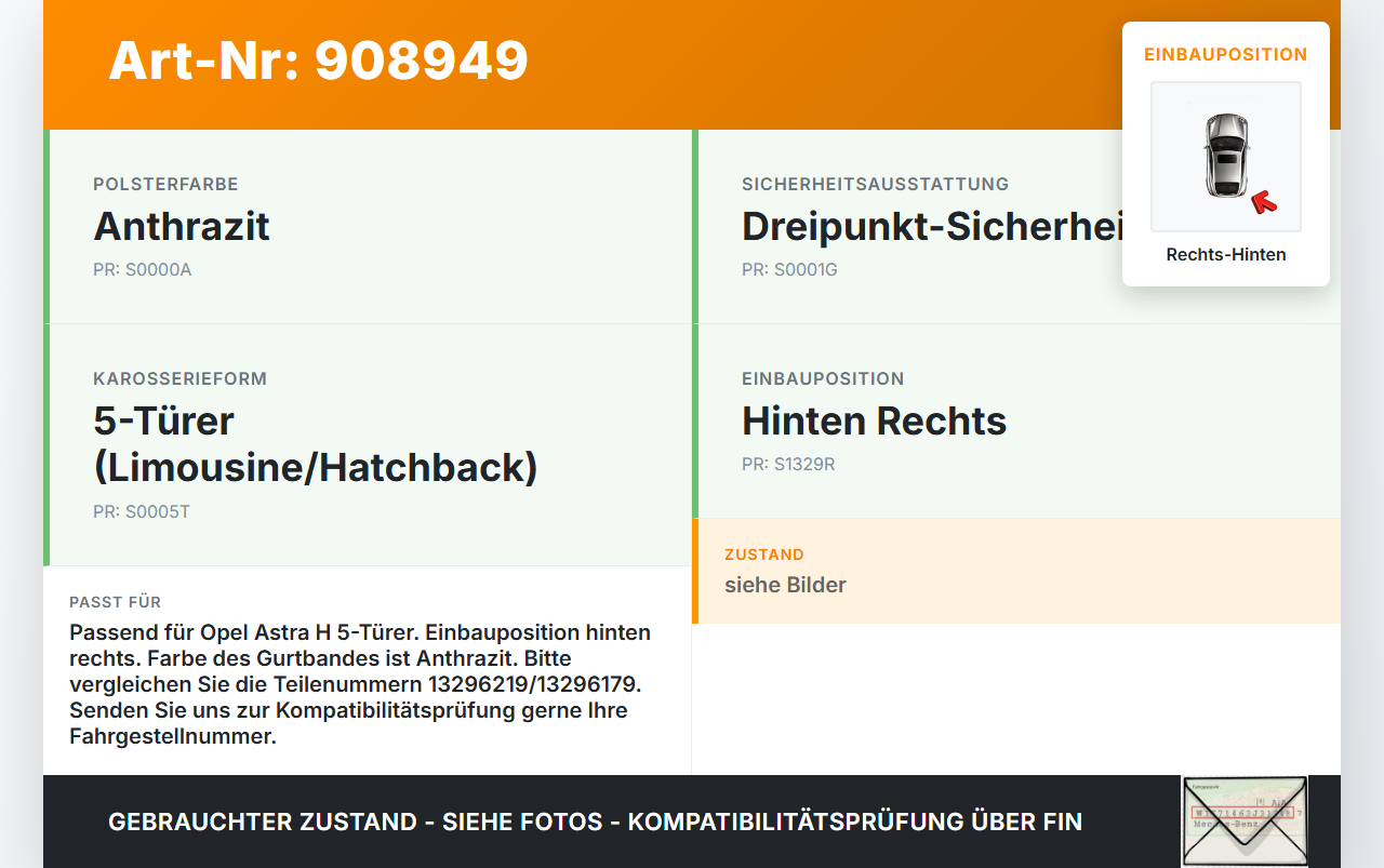 Opel Astra H 04-10 5T Gurt Sicherheitsgurt Rechts Hinten Opel Astra H 04-10 30.12.2009 13296219 13296179 616622400... Vorschau 3