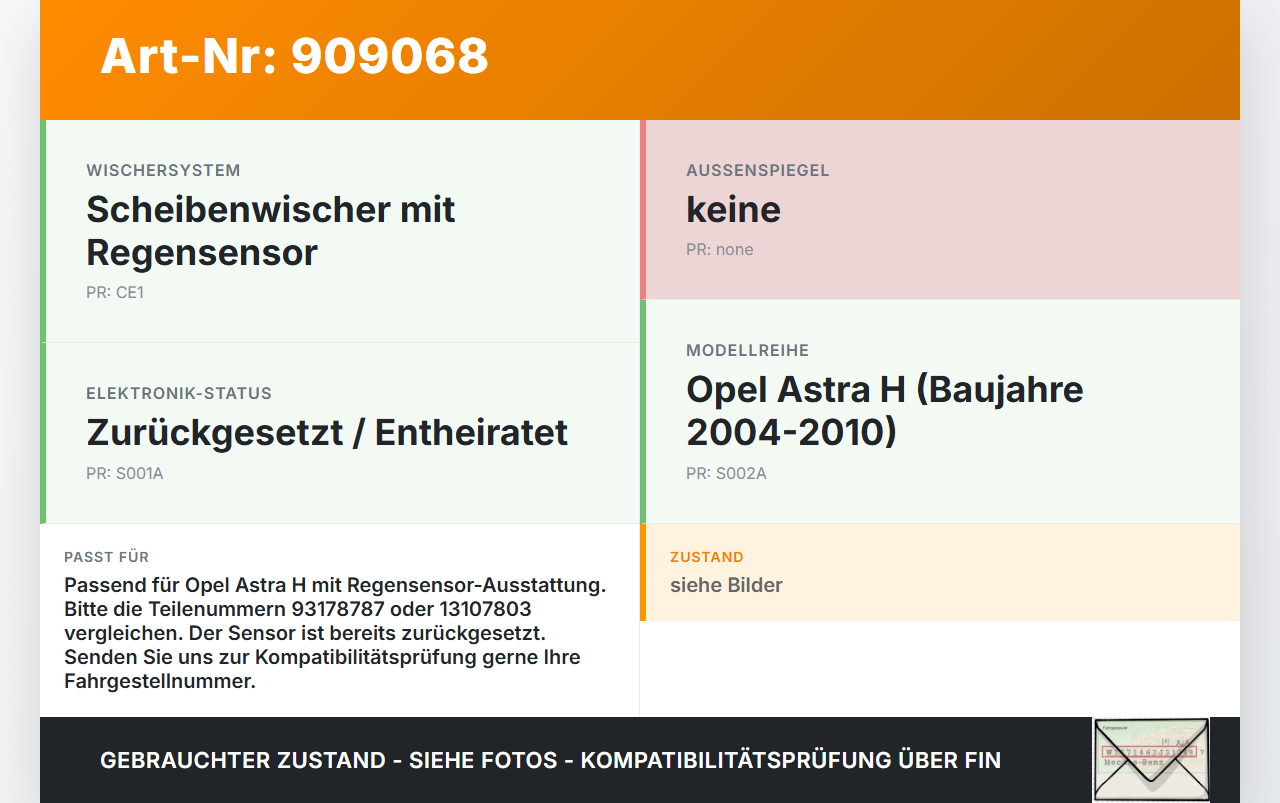 Opel Astra H 04-10 Regensensor Opel Astra H 04-10 30.12.2009 93178787 13107803 1397212058 gebraucht Vorschau 3