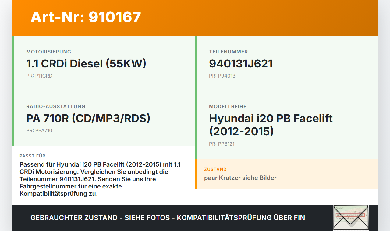 Hyundai I20 PB 12-15 CRDi 1,1  55KW Kombiinstrument Tacho Hyundai I20 PB 12-15 04.12.2013 940131J621 94013-1J621... Vorschau 3