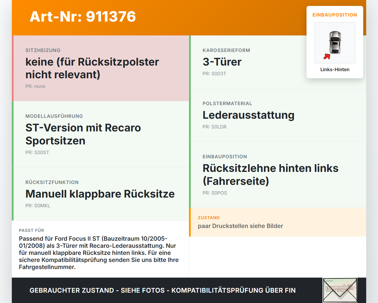 Ford Focus II ST 05-07 3T Recaro Rückenpolster Links f. Rücksitzbank Sitz Hinten Ford Focus II ST 05-07 26.09.2006... Vorschau 3