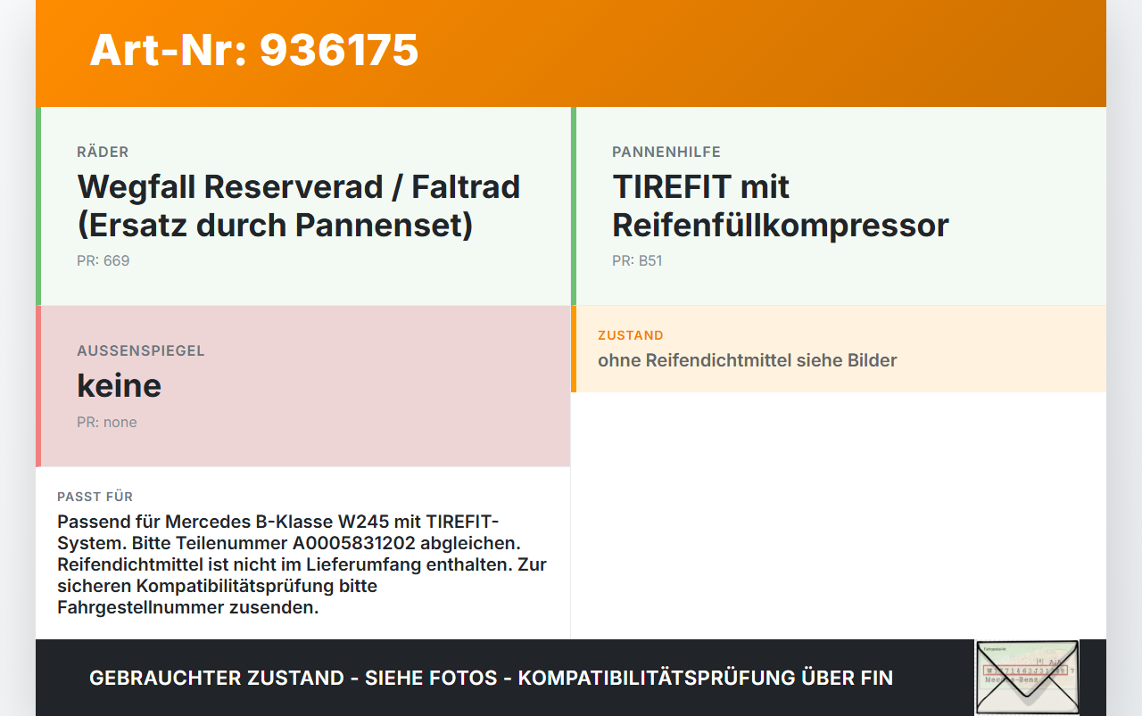Mercedes W245 B200 08-11 2,0 100KW Kompressor Reifen Pannenset Mercedes W245 B200 08-11 22.03.2011 A0005831202 gebraucht Vorschau 3
