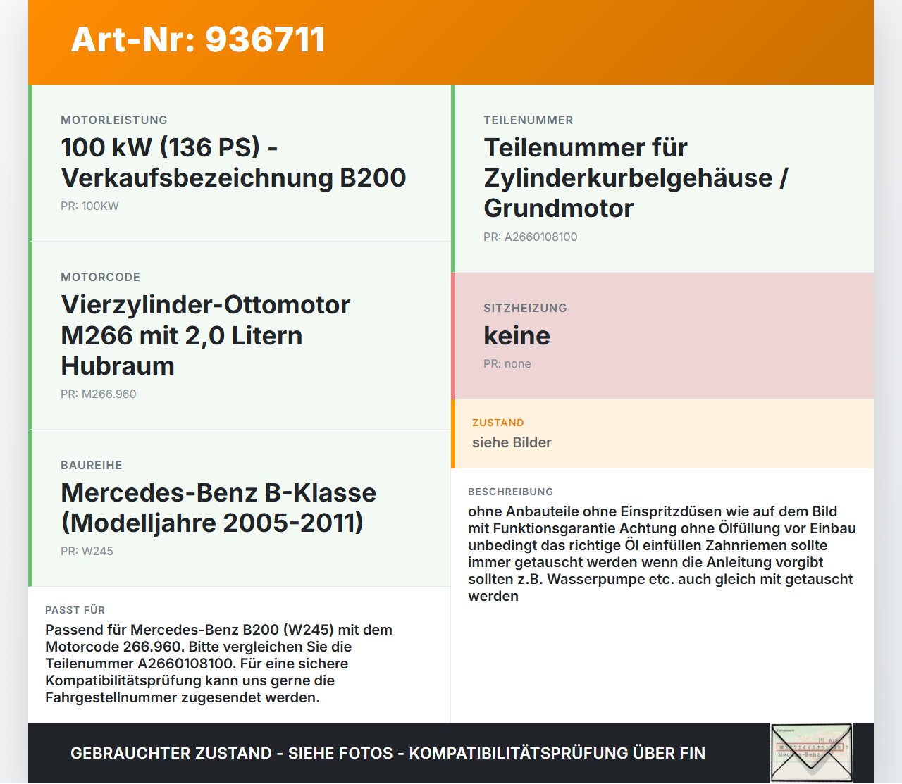 Mercedes W245 B200 08-11 2,0 100KW 266.960 Motor Mercedes W245 B200 08-11 22.03.2011 A2660108100 gebraucht Vorschau 3