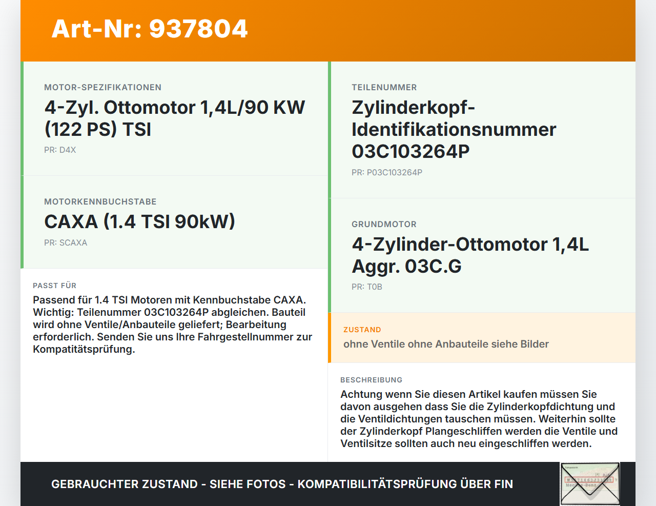 VW Golf 6 VI 5K 08-12 TSI 1,4 90KW CAXA Zylinderkopf VW Golf 6 VI 5K 08-12 14.09.2009 03C103264P gebraucht Vorschau 3