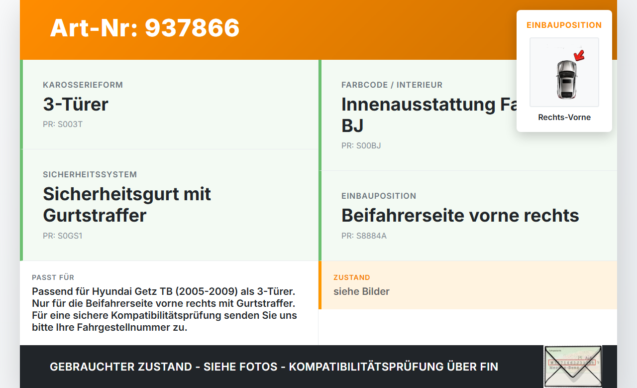 Hyundai Getz TB 05-09 3T Gurt Gurtstraffer Beifahrer Rechts Vorne Hyundai Getz TB 05-09 15.02.2005 888401C000BJ... Vorschau 3