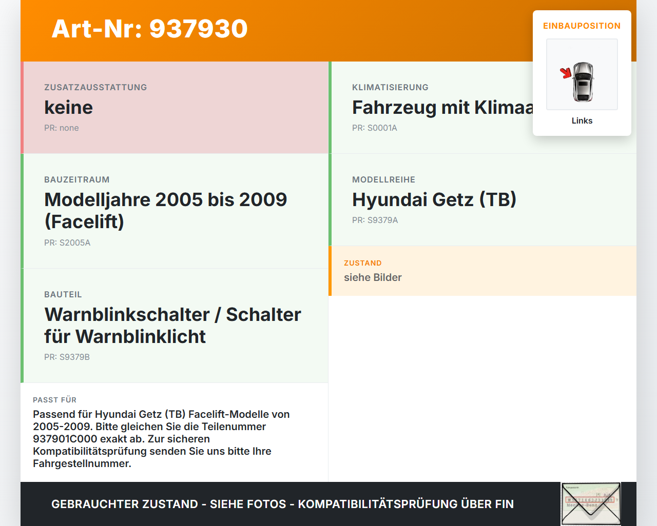 Hyundai Getz TB 05-09 Warnblinkschalter Schalter Hyundai Getz TB 05-09 15.02.2005 937901C000 gebraucht Vorschau 3