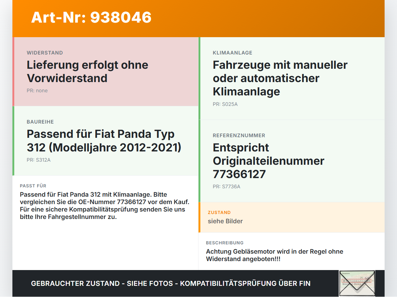 Fiat Panda 312 12-21 Gebläsemotor Lüftermotor Heizungsgebläse Fiat Panda 312 12-21 28.03.2014 77366916 gebraucht Vorschau 3