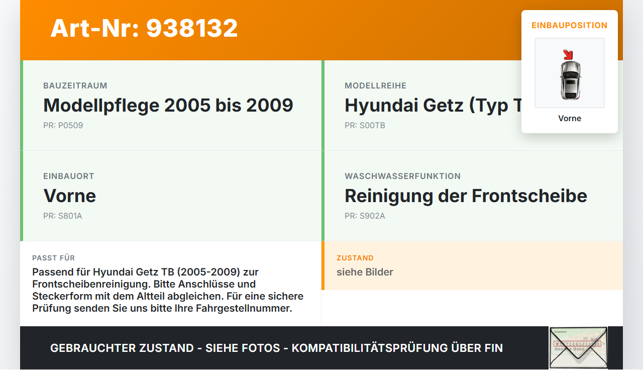 Hyundai Getz TB 05-09 Waschwasserpumpe Wischwasserpumpe Waschpumpe Vorne Hyundai Getz TB 05-09 15.02.2005... Vorschau 3