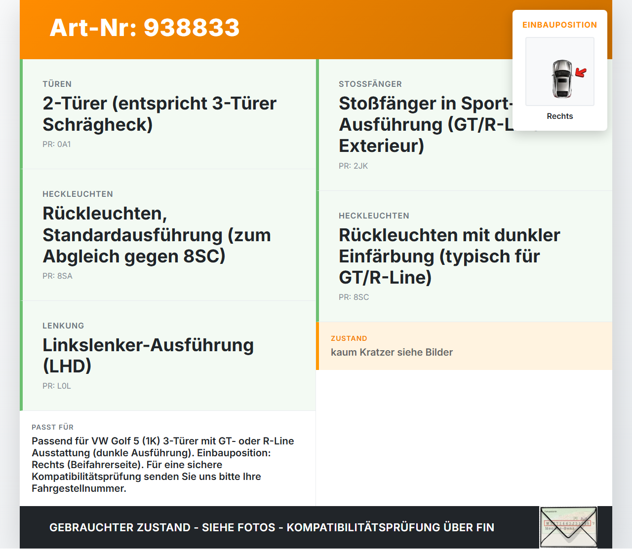 VW Golf V 5 1K 04-09 3T Rückleuchte Rücklicht Heckleuchte Rechts orig VW Golf V 5 1K 04-09 13.02.2008 1K6945096AA... Vorschau 3