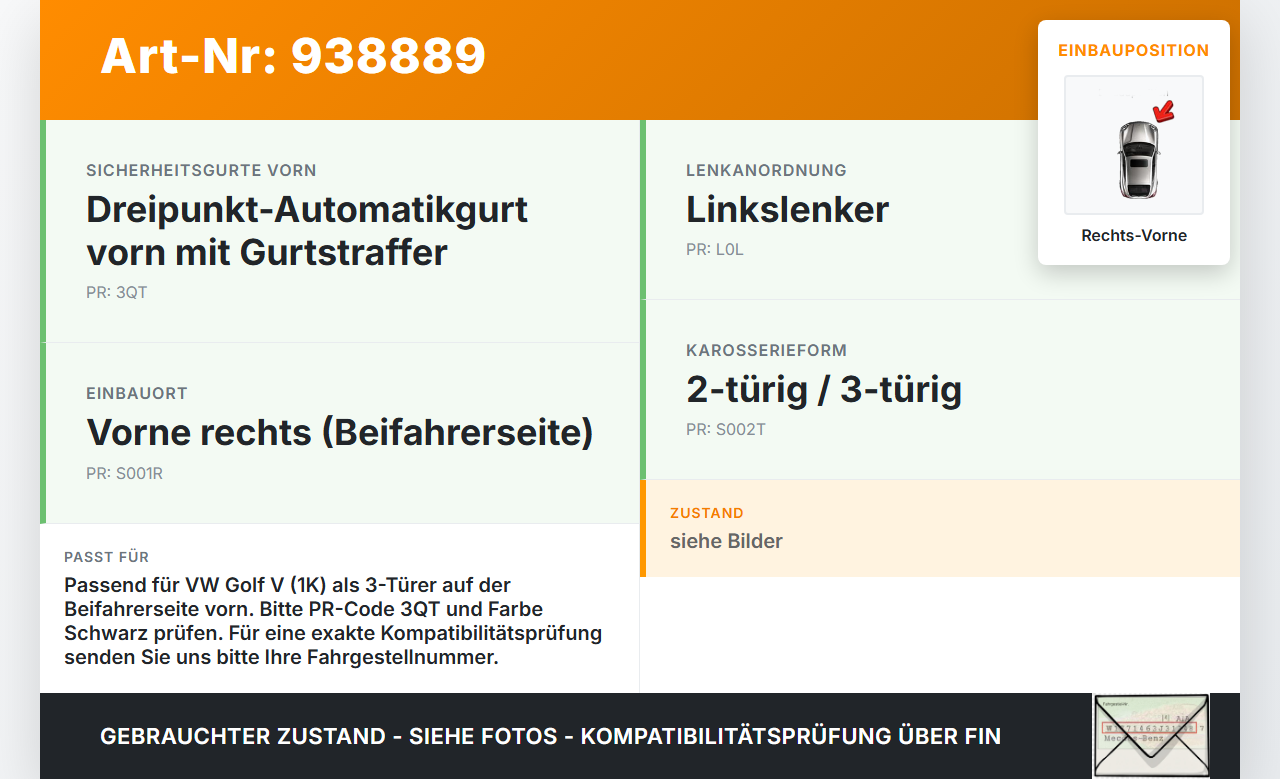VW Golf V 5 1K 04-09 3T Gurt Sicherheitsgurt Gurtstraffer Beifahrer Rechts Vorne VW Golf V 5 1K 04-09 13.02.2008... Vorschau 3