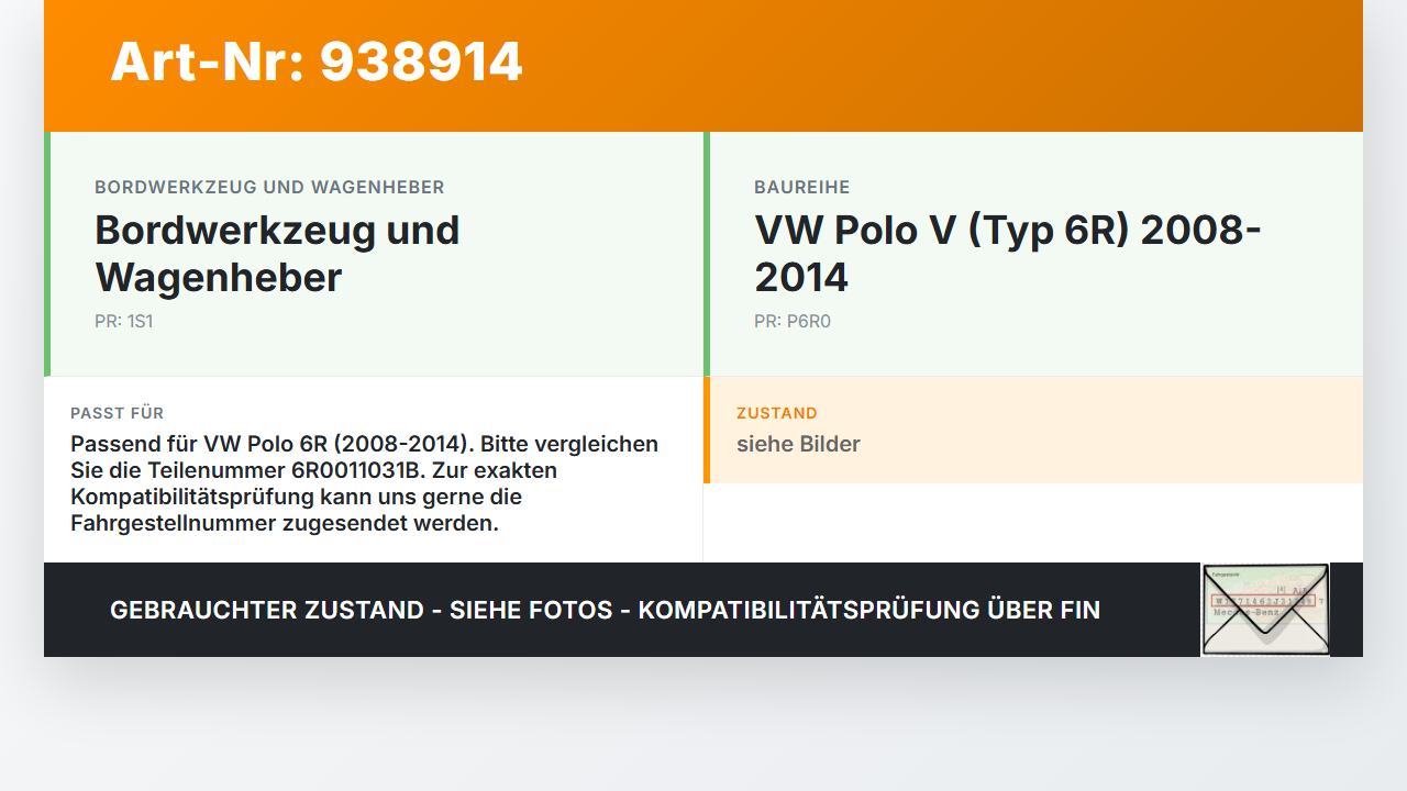 VW Polo V 6R 08-14 Wagenheber VW Polo V 6R 08-14 15.06.2010 6R0011031B gebraucht Vorschau 3